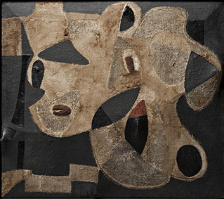 Burri Alberto Gobbo , 1950 Olio e vernici su tela di sacco sagomata da una struttura di rami d'albero incrociati nel telaio, 56x64 cm Fondazione Palazzo Albizzini-Collezione Burri, Città di Castello ©
