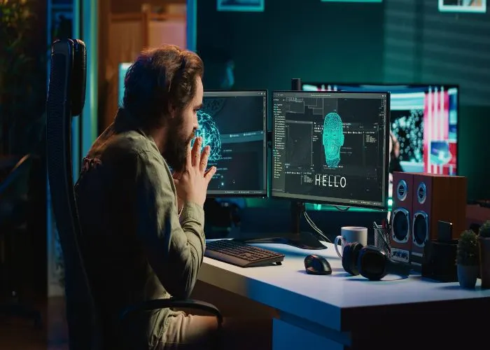Un uomo alle prese con l'intelligenza artificiale superintelligente